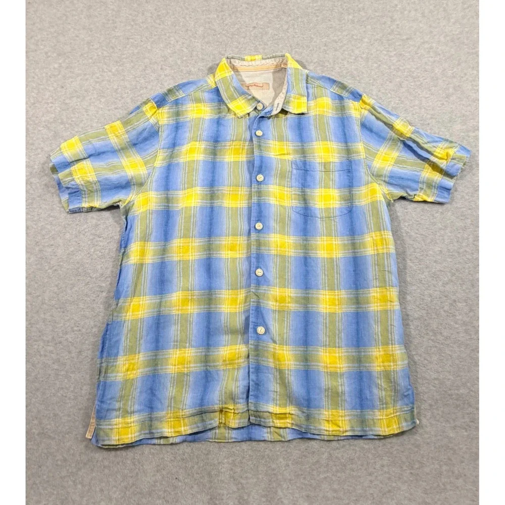 Tommy Bahama Button Down Shirt Mens‎ Large Blue Yellow Plaid 100% Linen - Picture 2 of 9